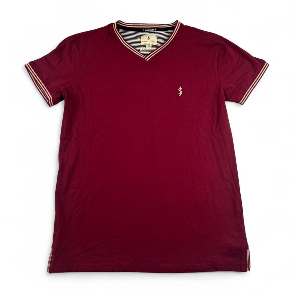 Scott James Burgundy V Neck T Shirt Men’s Size S Striped Preppy Tee